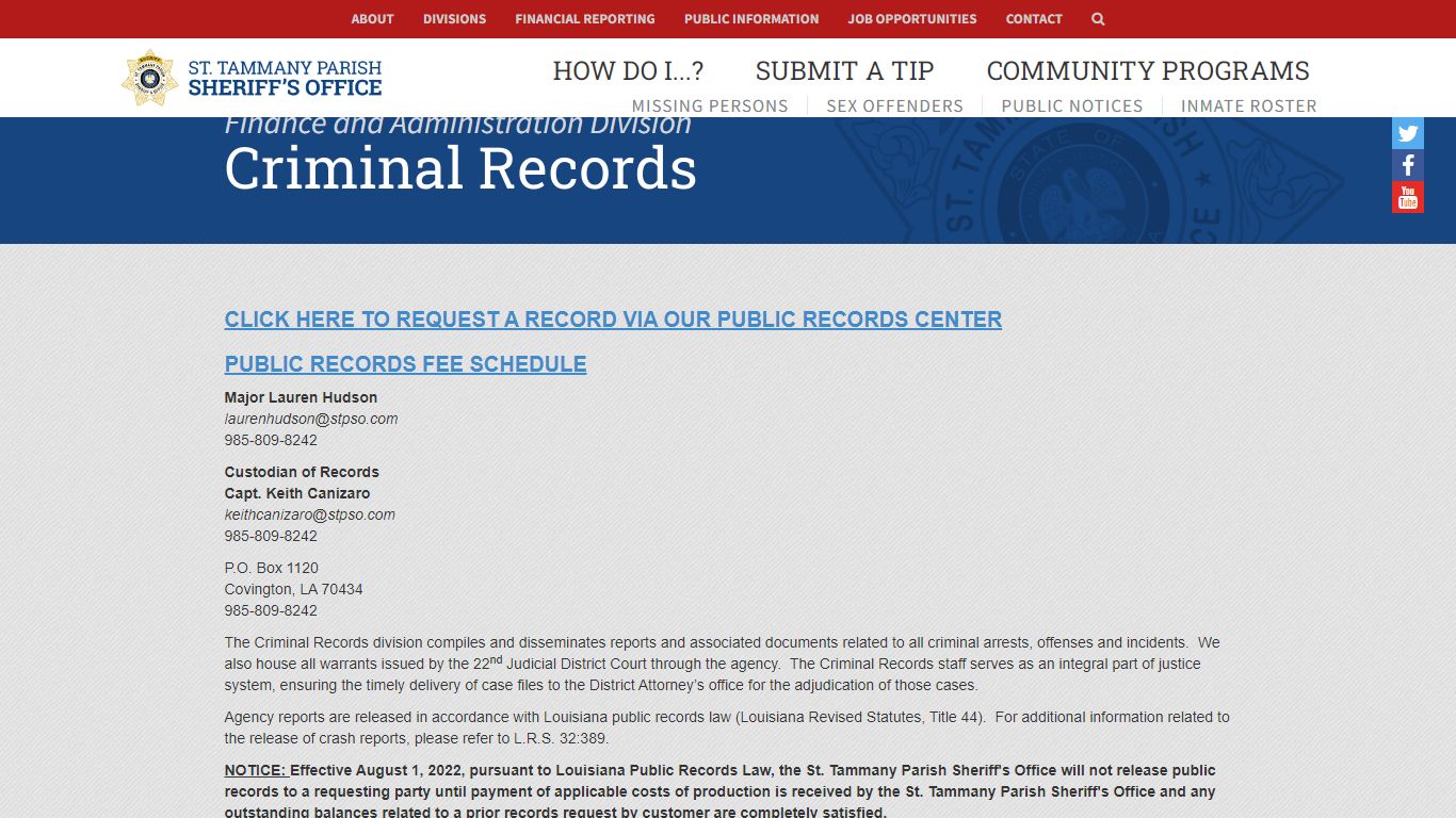 Criminal Records - St. Tammany Parish Sheriff's Office